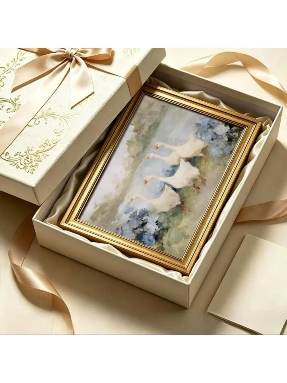 Charming Vintage Gold Framed Wall Art - Country Geese & Blue Hydrangeas Decor
